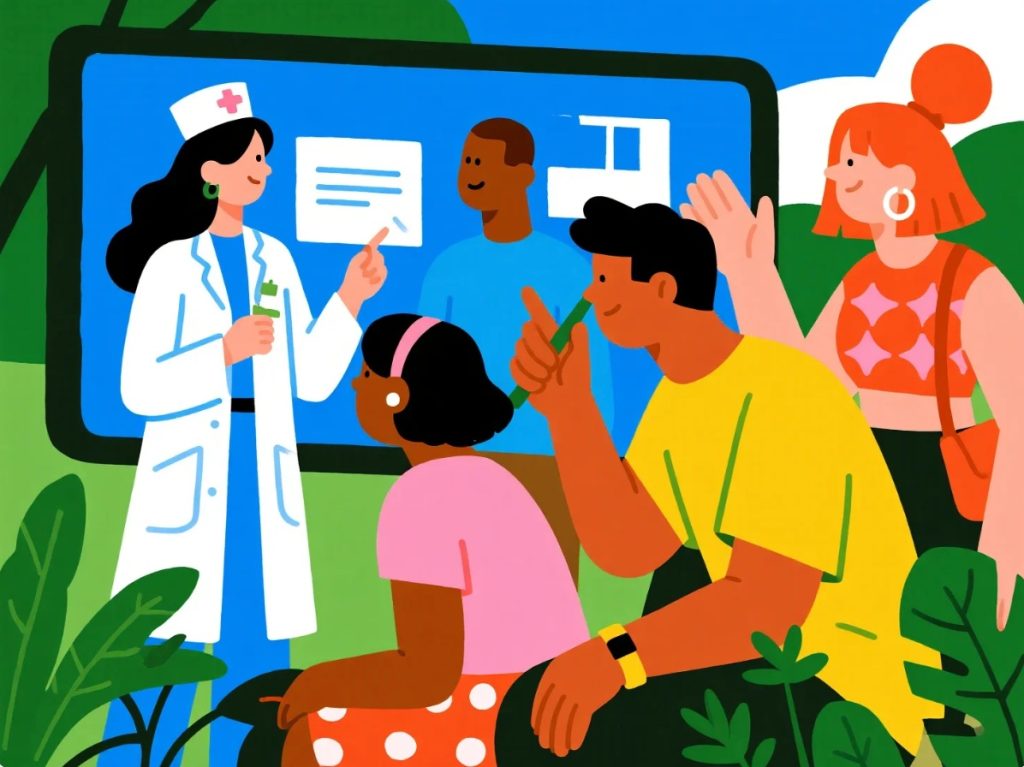 Ilustrasi spesialis informatika kesehatan atau data kesehatan menjelaskan grafik dan data medis kepada audiens, menekankan penggunaan teknologi dalam bidang medis.